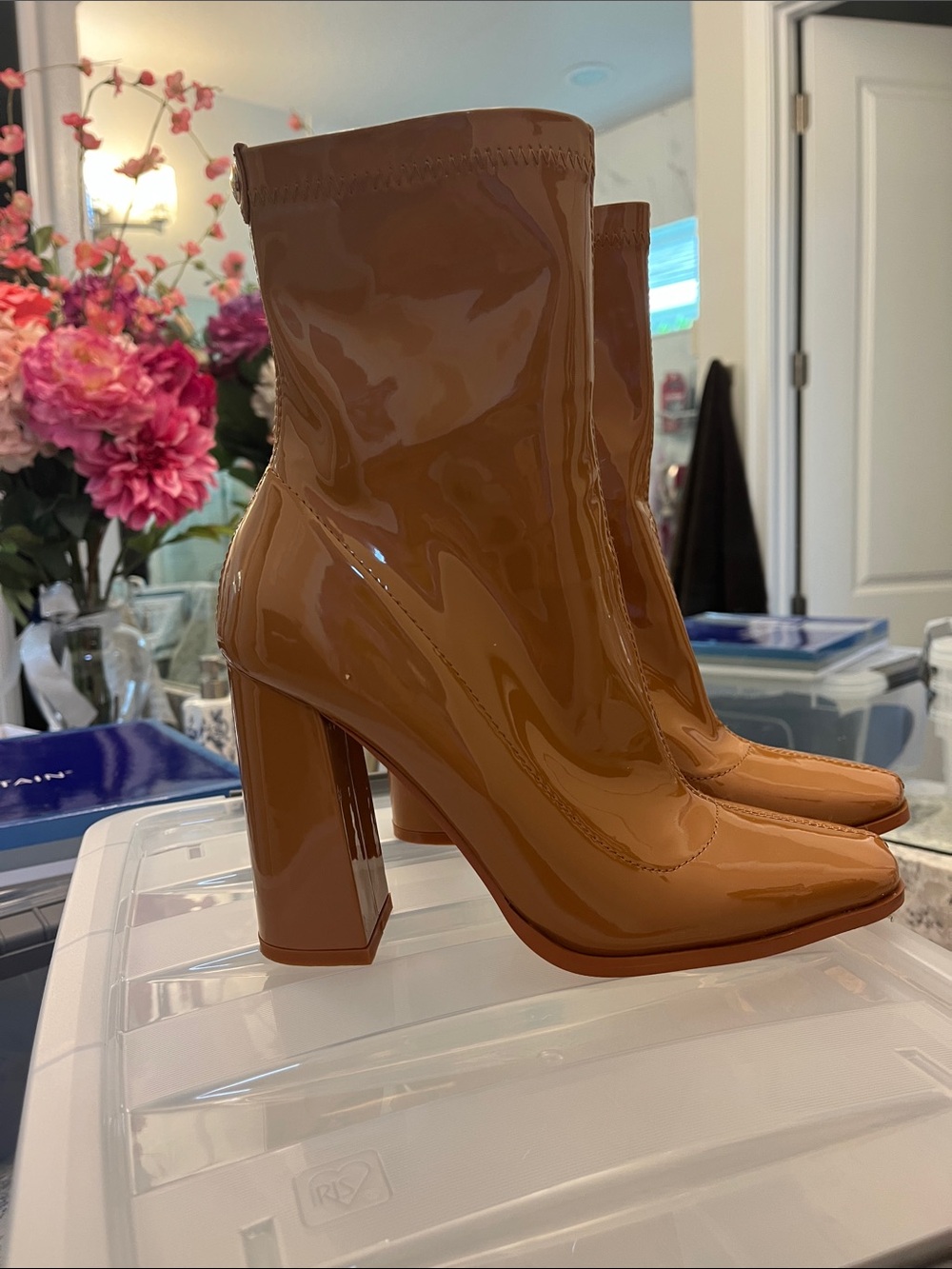 Patent High-Block Heel Ankle Boots in Cognac